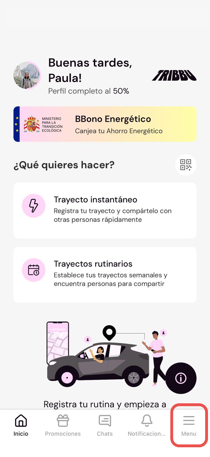 Captura de pantalla de la aplicación Tribbu con el botón del menú destacado
