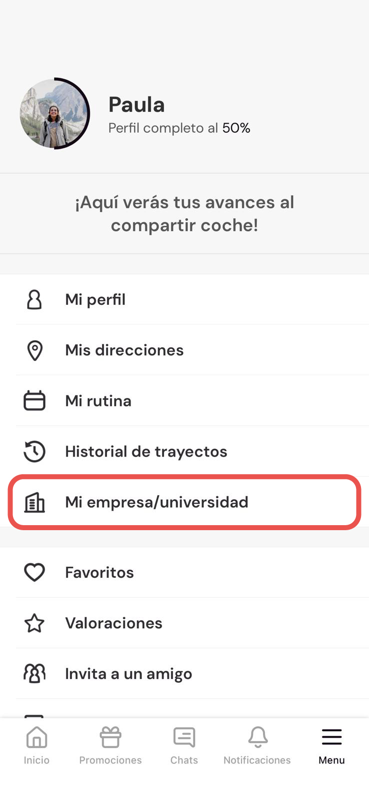 Captura de pantalla del menú de la aplicación Tribbu con la sección Mi empresa/Mi universidad destacado