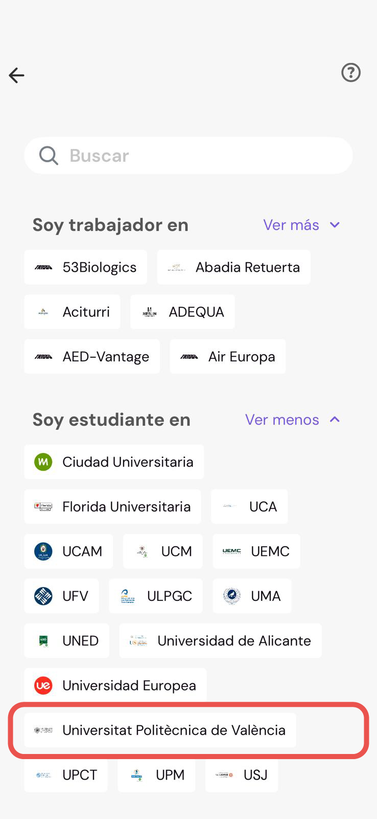 Captura de pantalla del buscador de empresas y universidades de la aplicación Tribbu