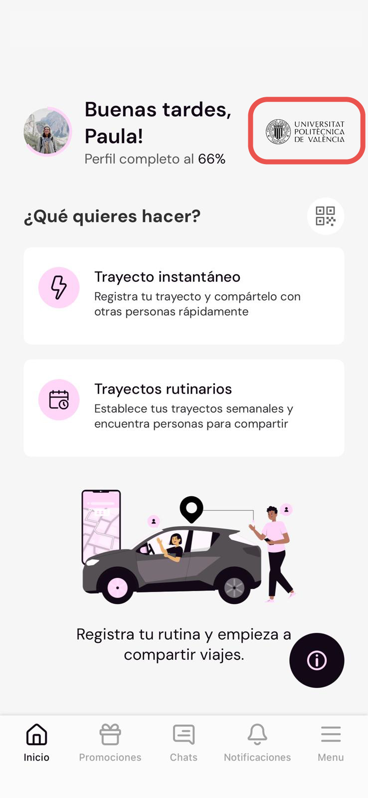Captura de pantalla de la aplicación Tribbu con el logo de la Universitat Politècnica de València